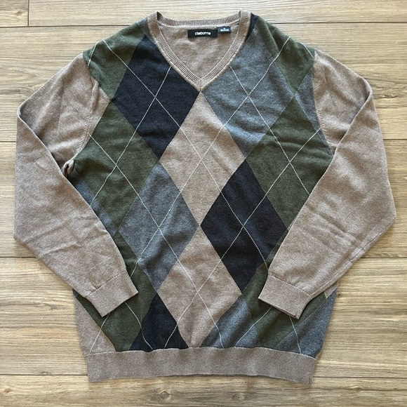 Claiborne Men's V-Neck Argyle Sweater - Brown, Green, and Black - Picture 3 of 7